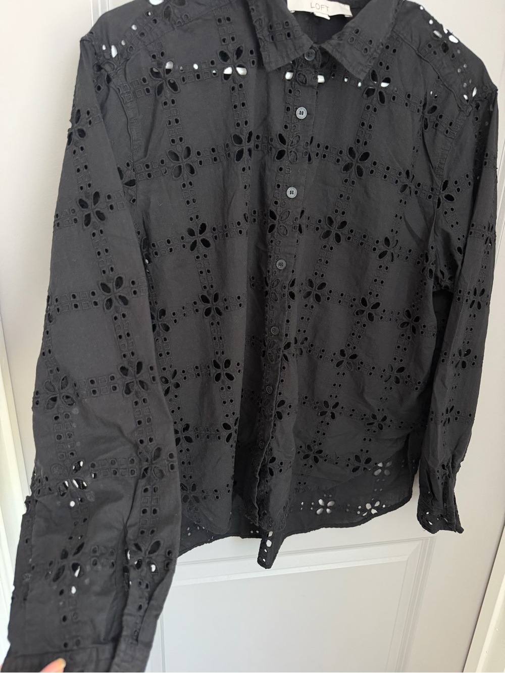 LOFT Black Eyelet Cotton Button-Down Shirt L